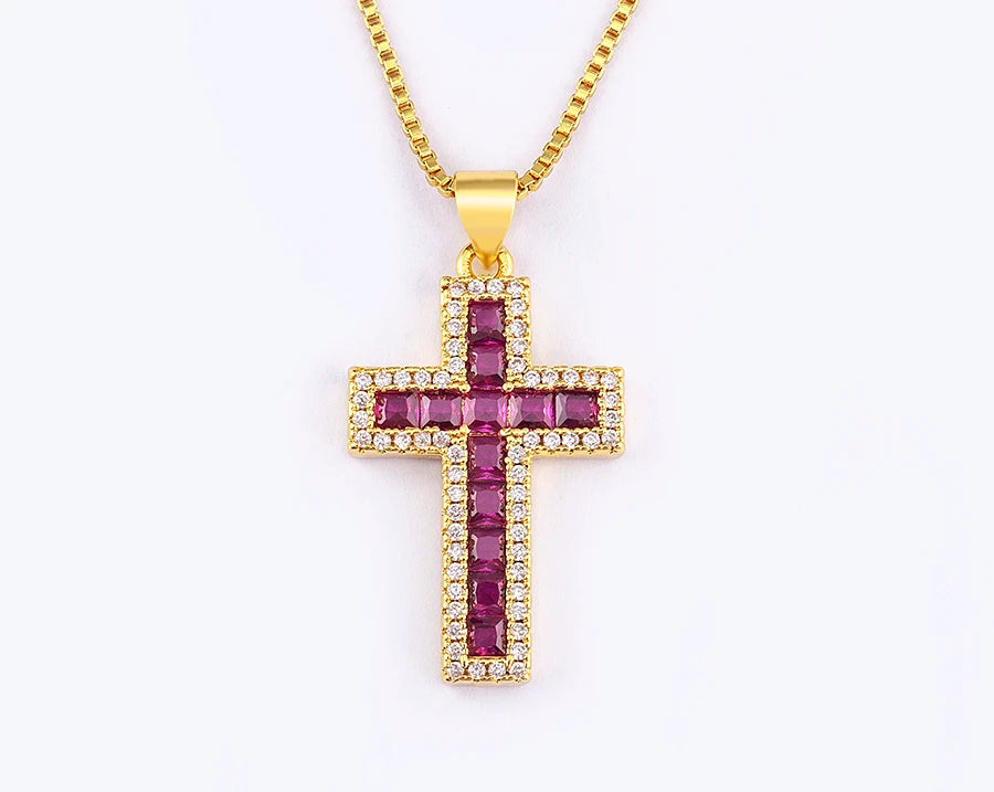 AIBEF New Arrivals Cross Crystal Pendant Necklace Copper Cubic Zircon Choker 6 Colors Choice Religion Jewelry Accessory Gift