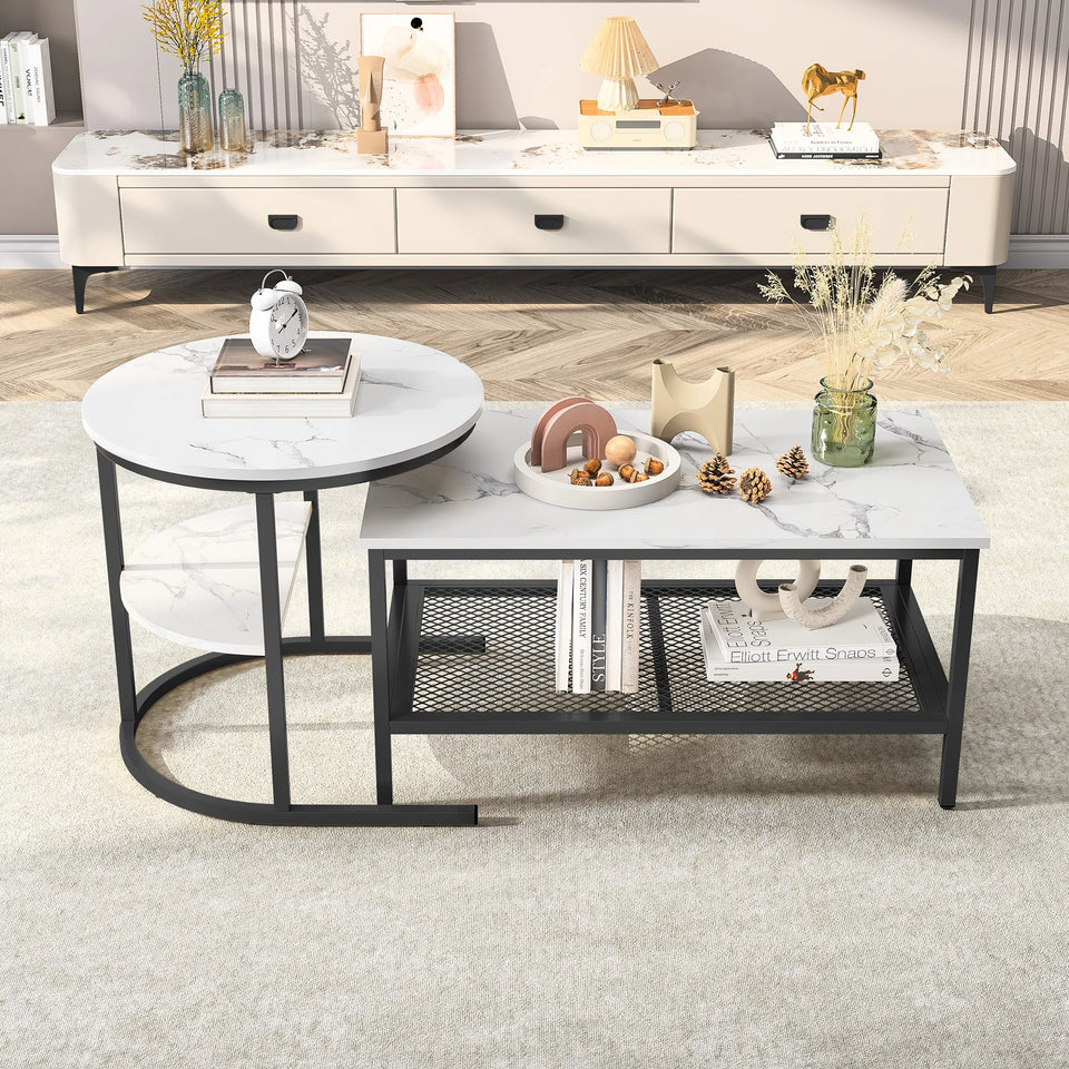 Urban Luxe coffee table with Adjustable Feet, Metal Surface Marble Slab side table living room Table Black
