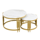 Comanlai Modular Coffee Table Set, Marble Look Round Tables, Modern Side Table, with Gold Metal Frame, for Living Room, Bedroom