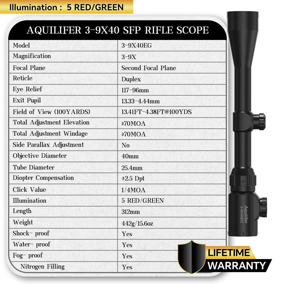 Aquilifer 3-9x40 Hunting Scope SFP ED Glass Red Green Illuminated Free Scope Rings for Hunting