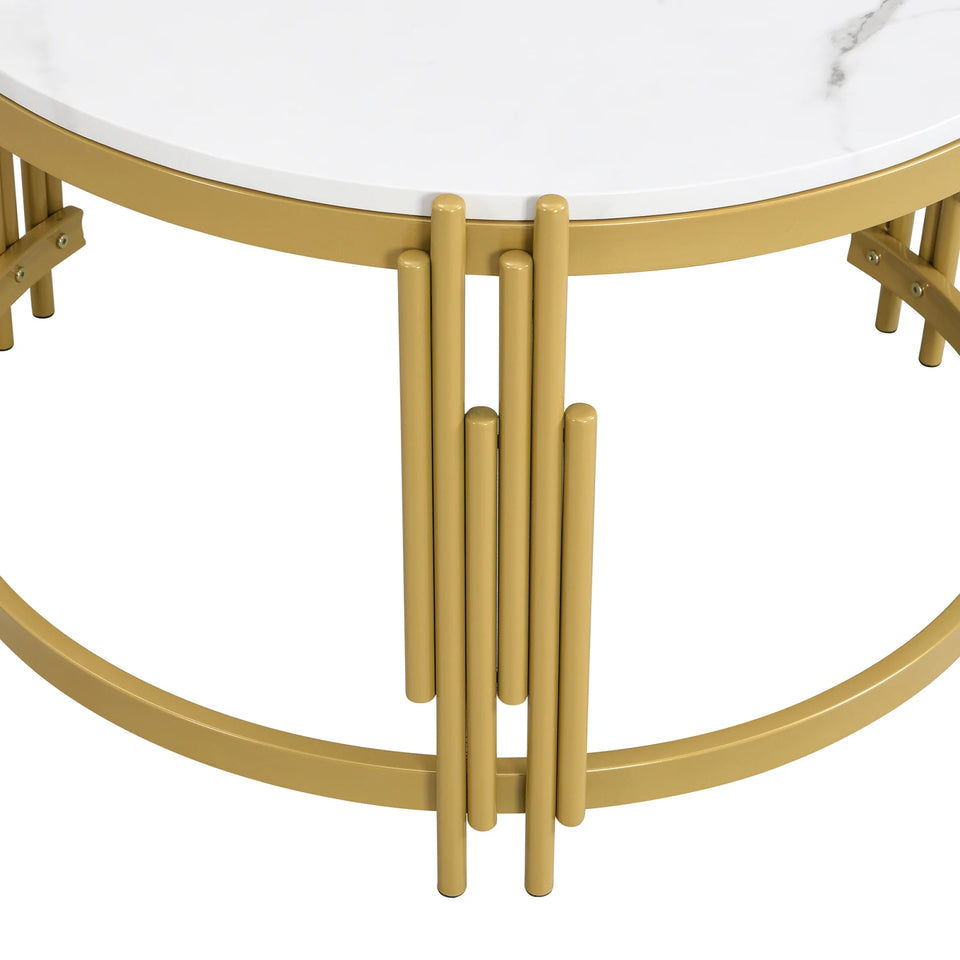 Comanlai Modular Coffee Table Set, Marble Look Round Tables, Modern Side Table, with Gold Metal Frame, for Living Room, Bedroom