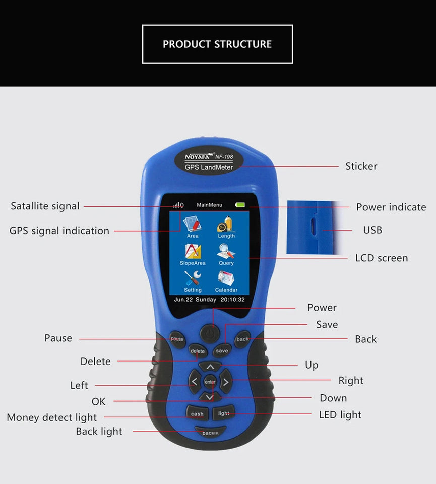 NOYAFA NF-198 GPS Mu Meter Survey Equipment Land Meter Device for Farm Land Surveying And Mapping Area Measurement Tool