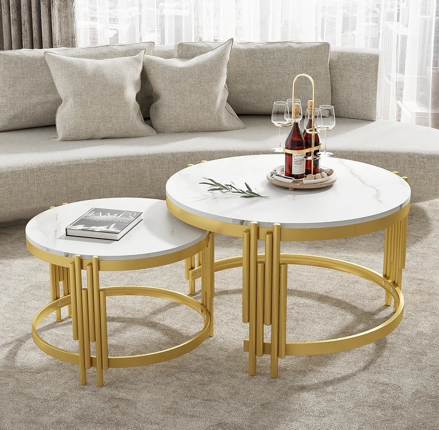 Comanlai Modular Coffee Table Set, Marble Look Round Tables, Modern Side Table, with Gold Metal Frame, for Living Room, Bedroom