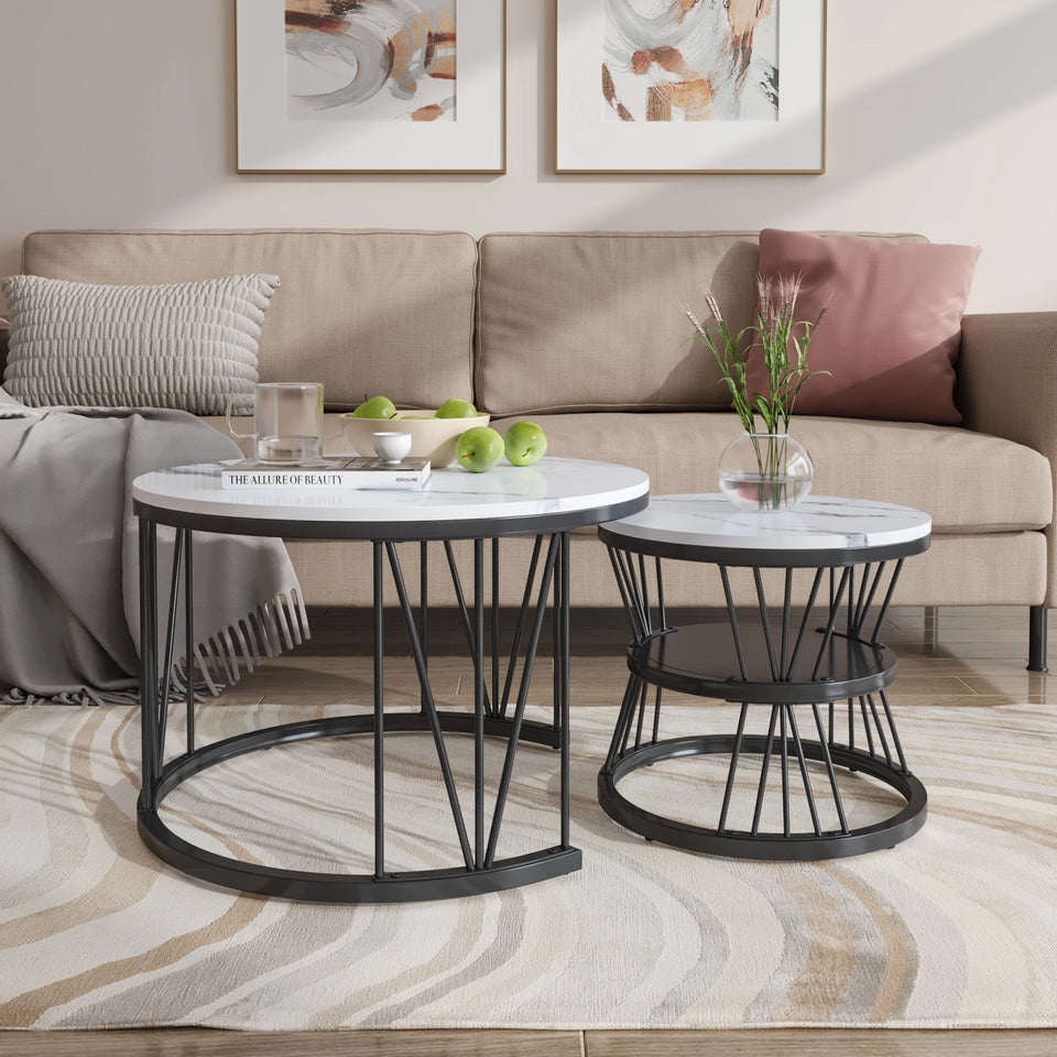 Superaly Marble-Effect Coffee Table Set of 2, Round Sofa Table with Metal Frame, Dining Table, Side Table for Living Room