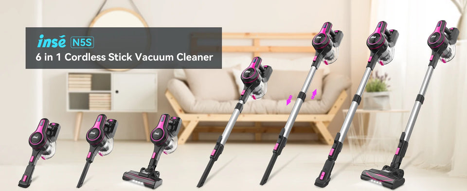 INSE N5T Cordless Vacuum Cleaner, 25Kpa 1.2L Large Dustbin, 6 in 1 Handheld Vacuum for Household Cleaning