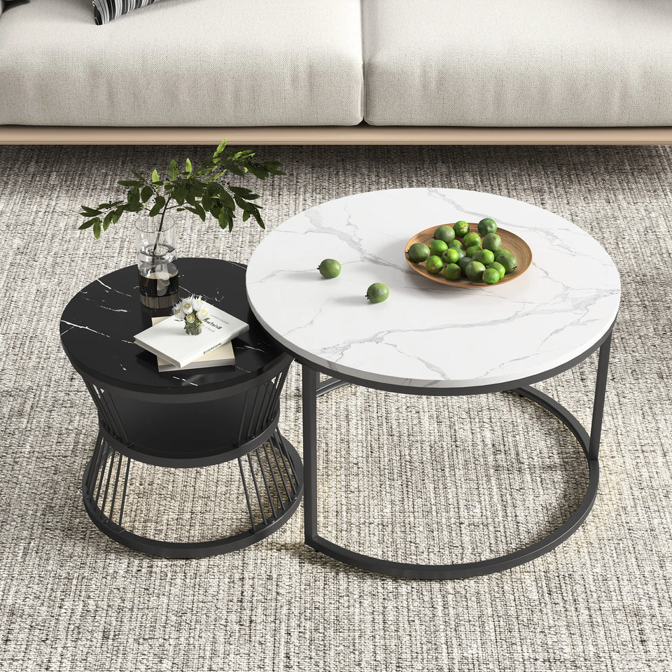 Superaly Marble-Effect Coffee Table Set of 2, Round Sofa Table with Metal Frame, Dining Table, Side Table for Living Room