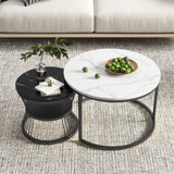 Superaly Marble-Effect Coffee Table Set of 2, Round Sofa Table with Metal Frame, Dining Table, Side Table for Living Room