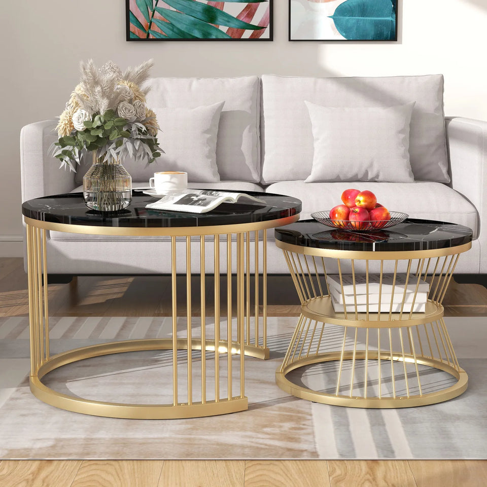 Superaly Marble-Effect Coffee Table Set of 2, Round Sofa Table with Metal Frame, Dining Table, Side Table for Living Room