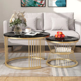 Superaly Marble-Effect Coffee Table Set of 2, Round Sofa Table with Metal Frame, Dining Table, Side Table for Living Room