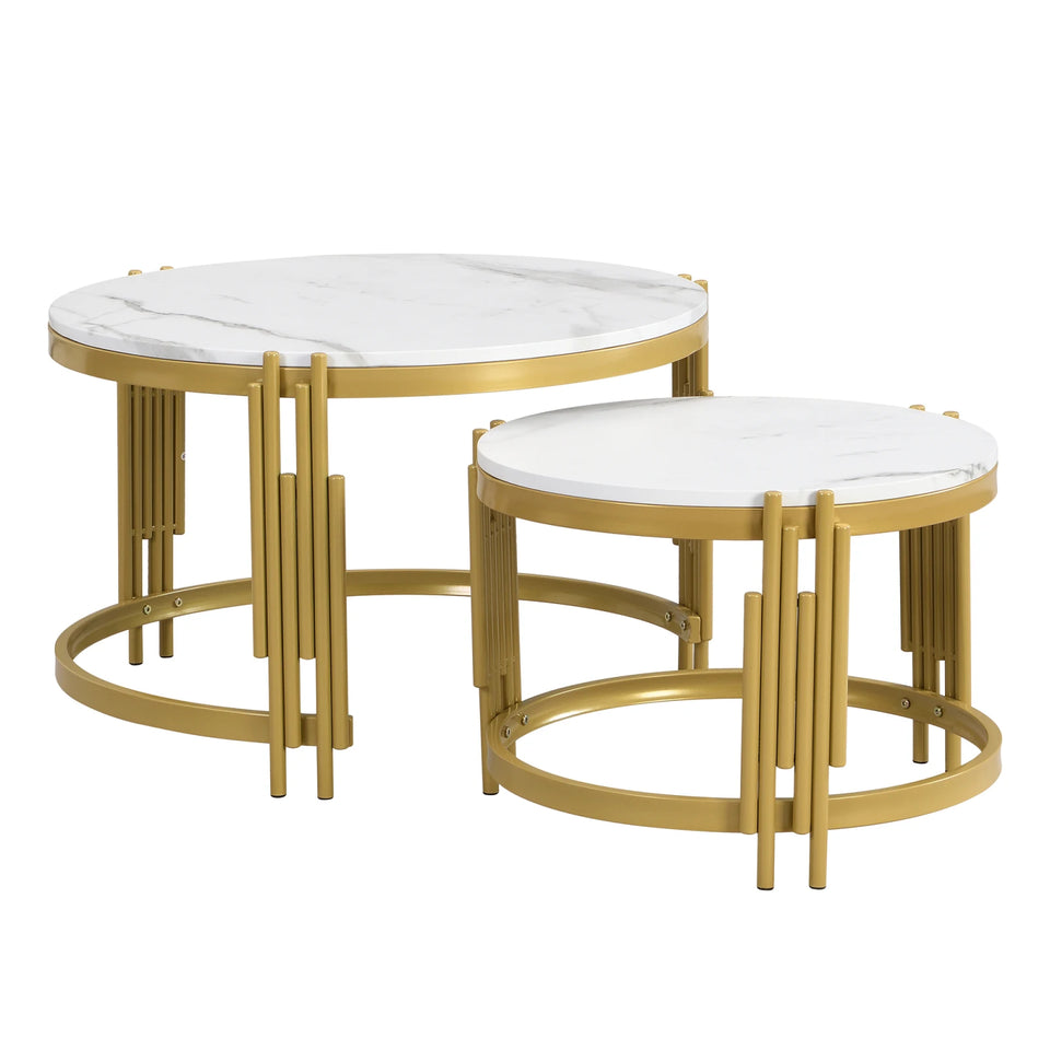 Comanlai Modular Coffee Table Set, Marble Look Round Tables, Modern Side Table, with Gold Metal Frame, for Living Room, Bedroom