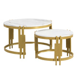 Comanlai Modular Coffee Table Set, Marble Look Round Tables, Modern Side Table, with Gold Metal Frame, for Living Room, Bedroom