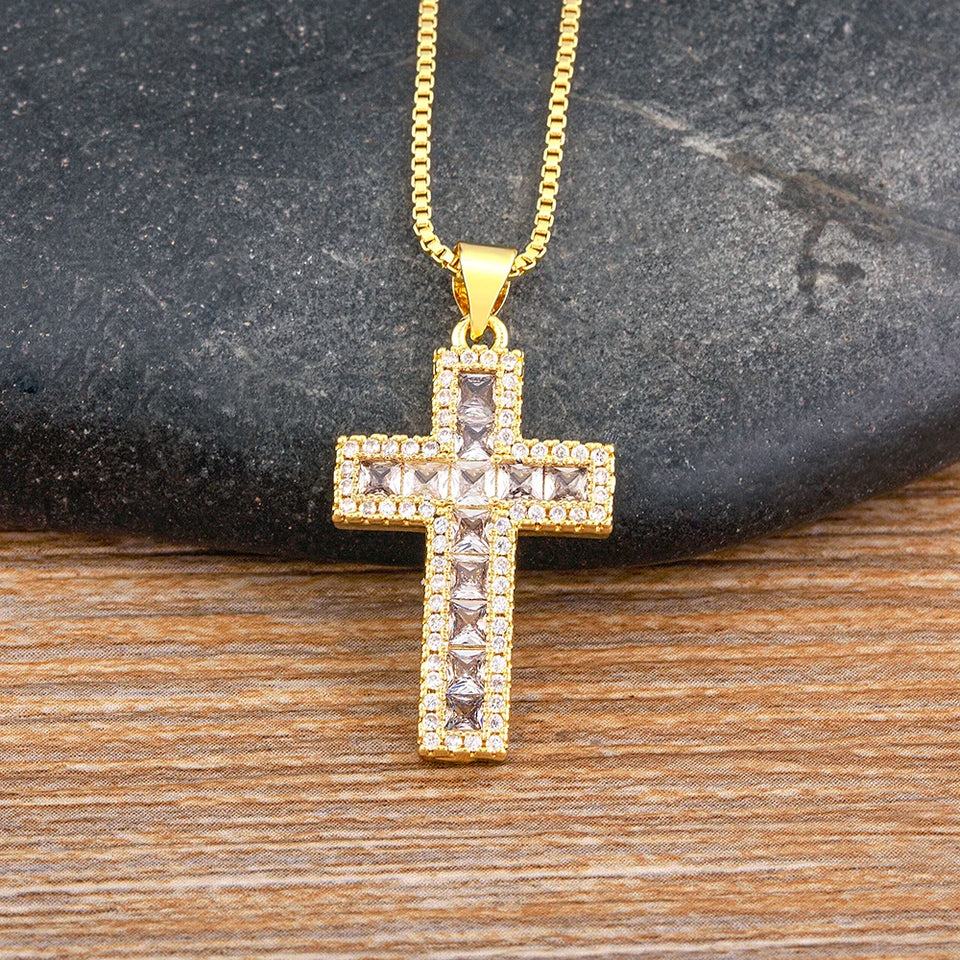 AIBEF New Arrivals Cross Crystal Pendant Necklace Copper Cubic Zircon Choker 6 Colors Choice Religion Jewelry Accessory Gift