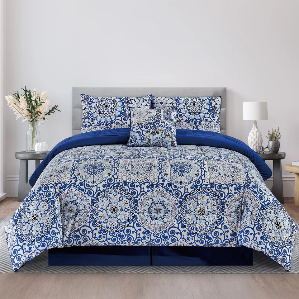 LUX Décor Reversible 5pc Comforter Set, Printed Bedding Set, Microfiber Bed in a Bag, Includes 1 Comforter, 2 Pillow Shams