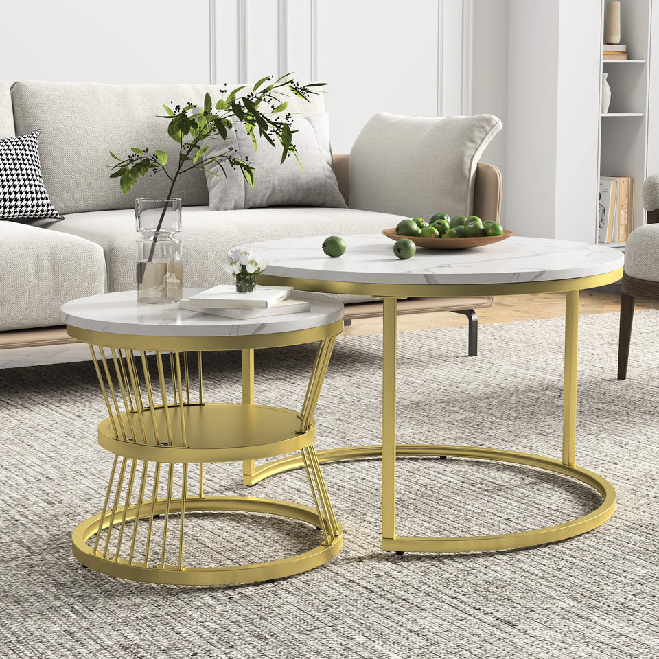 Superaly Marble-Effect Coffee Table Set of 2, Round Sofa Table with Metal Frame, Dining Table, Side Table for Living Room