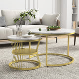 Superaly Marble-Effect Coffee Table Set of 2, Round Sofa Table with Metal Frame, Dining Table, Side Table for Living Room