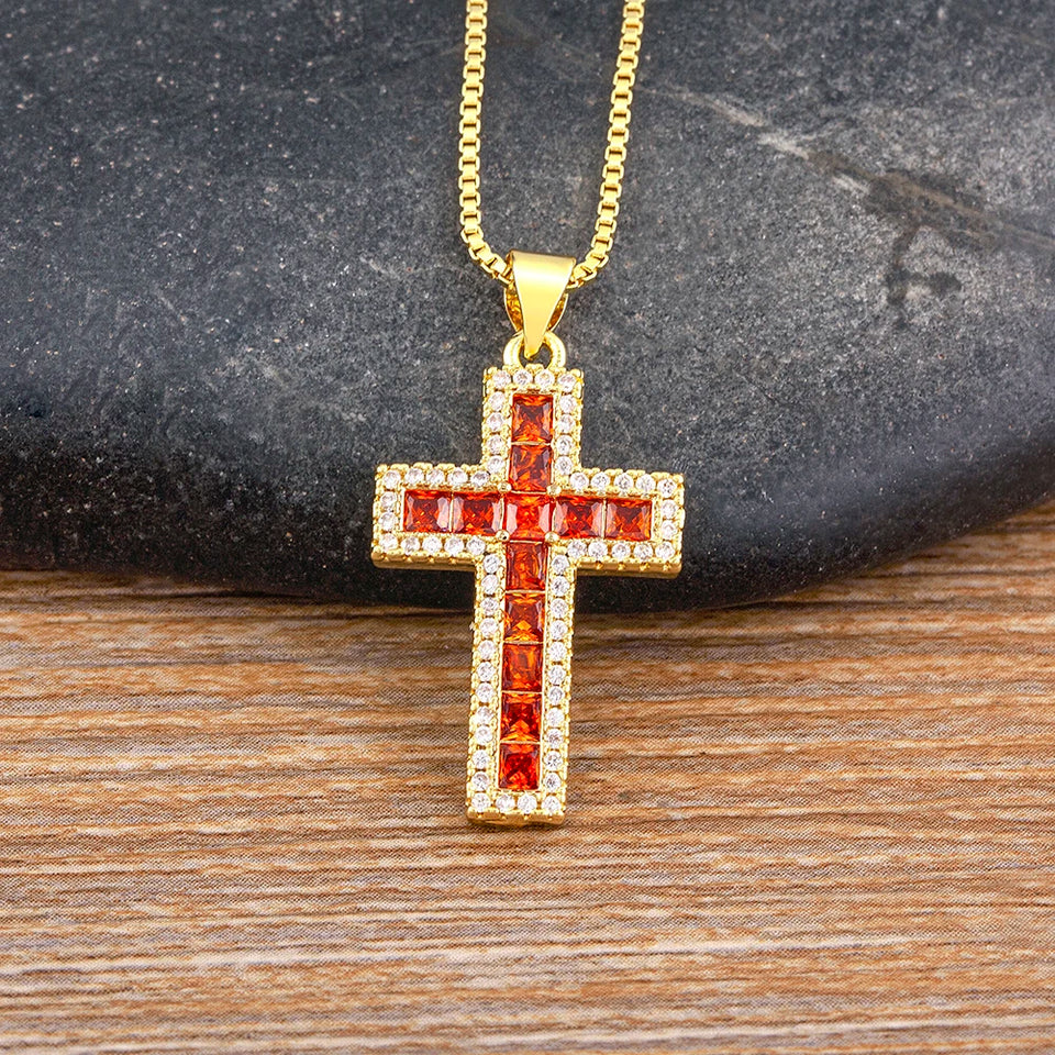AIBEF New Arrivals Cross Crystal Pendant Necklace Copper Cubic Zircon Choker 6 Colors Choice Religion Jewelry Accessory Gift