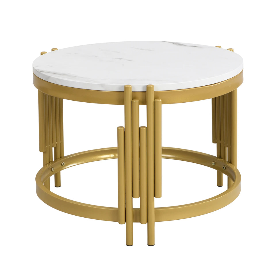Comanlai Modular Coffee Table Set, Marble Look Round Tables, Modern Side Table, with Gold Metal Frame, for Living Room, Bedroom