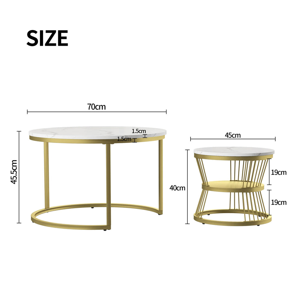 Superaly Marble-Effect Coffee Table Set of 2, Round Sofa Table with Metal Frame, Dining Table, Side Table for Living Room