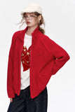 ELFSACK 2024 Winter New Arrivals Stand collar loose red knitting cardigan for women with zipper pockets threaded closure