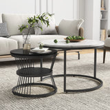 Superaly Marble-Effect Coffee Table Set of 2, Round Sofa Table with Metal Frame, Dining Table, Side Table for Living Room