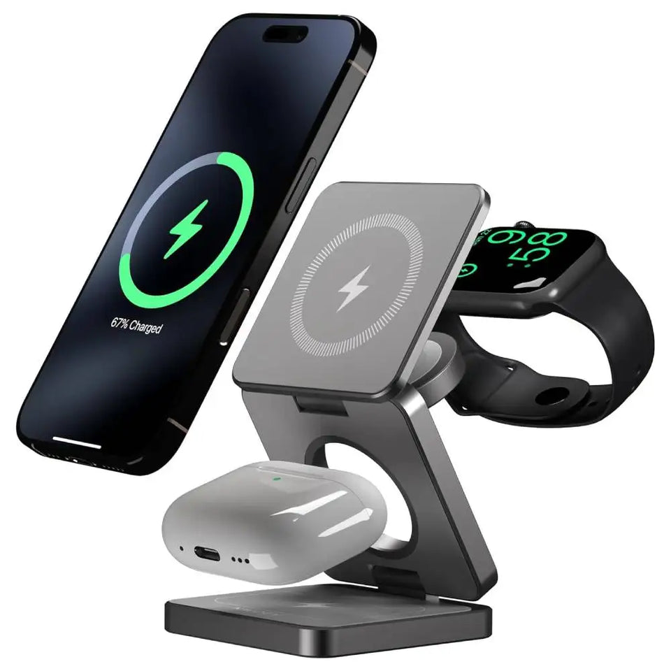 3 In 1 Foldable Magnetic Wireless Charger Stand For iPhone 16 15 14 13 Pro/Max/Plus AirPods 3/2 Station Dock Fast Charger Holder