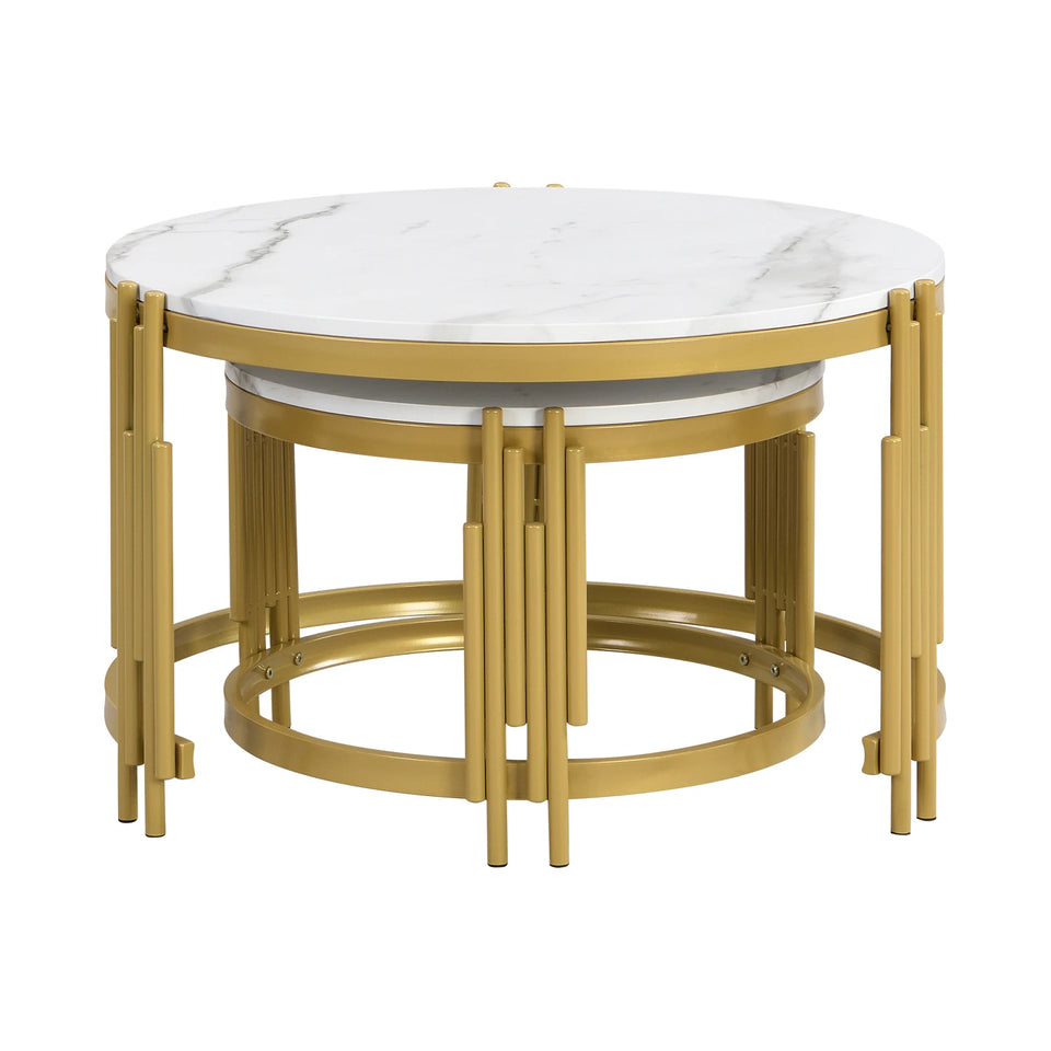 Comanlai Modular Coffee Table Set, Marble Look Round Tables, Modern Side Table, with Gold Metal Frame, for Living Room, Bedroom