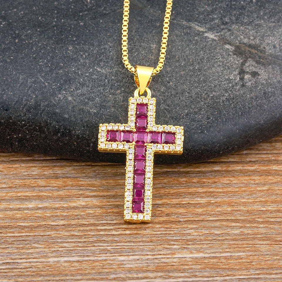 AIBEF New Arrivals Cross Crystal Pendant Necklace Copper Cubic Zircon Choker 6 Colors Choice Religion Jewelry Accessory Gift