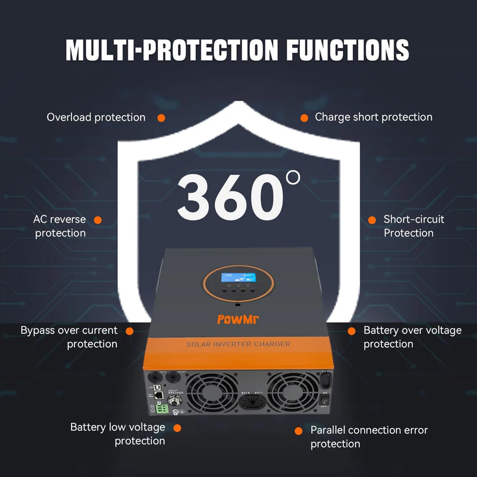 PowMr 3.2KW Hybrid Solar Inverter 24V 110V Off Grid Pure Sine Wave Inverter Single Phase with MPPT 60A Solar Battery Charger