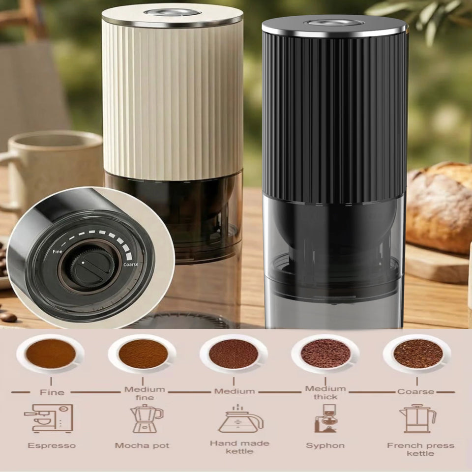 Electric coffee grinder, rechargeable coffee bean grinder with adjustable coarseness, perfect for beverage and kitchen use.