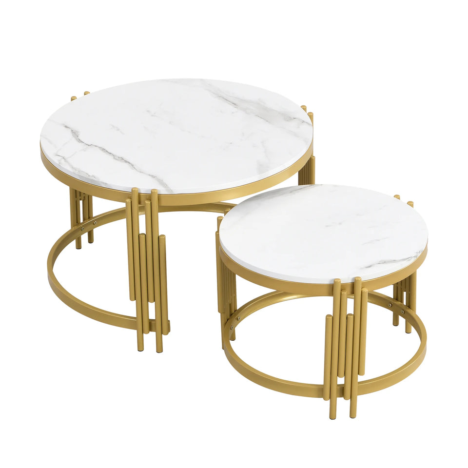 Comanlai Modular Coffee Table Set, Marble Look Round Tables, Modern Side Table, with Gold Metal Frame, for Living Room, Bedroom
