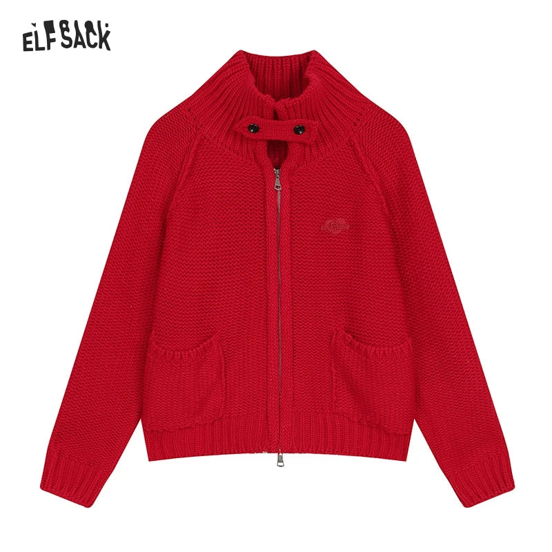 ELFSACK 2024 Winter New Arrivals Stand collar loose red knitting cardigan for women with zipper pockets threaded closure