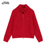 ELFSACK 2024 Winter New Arrivals Stand collar loose red knitting cardigan for women with zipper pockets threaded closure