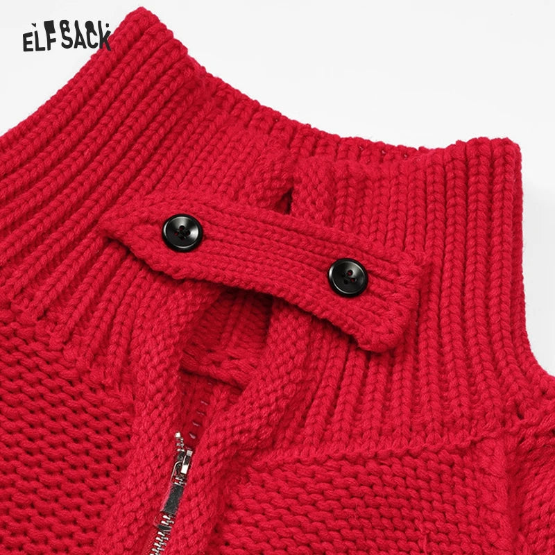 ELFSACK 2024 Winter New Arrivals Stand collar loose red knitting cardigan for women with zipper pockets threaded closure