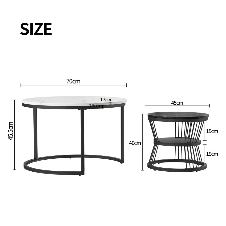 Superaly Marble-Effect Coffee Table Set of 2, Round Sofa Table with Metal Frame, Dining Table, Side Table for Living Room