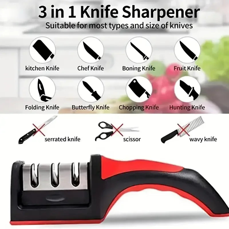 Kitchen 3 Stage Portable Knife Sharpening Tool, Anti-Slip Base,Easy To Repair,Restore and Polish Blades