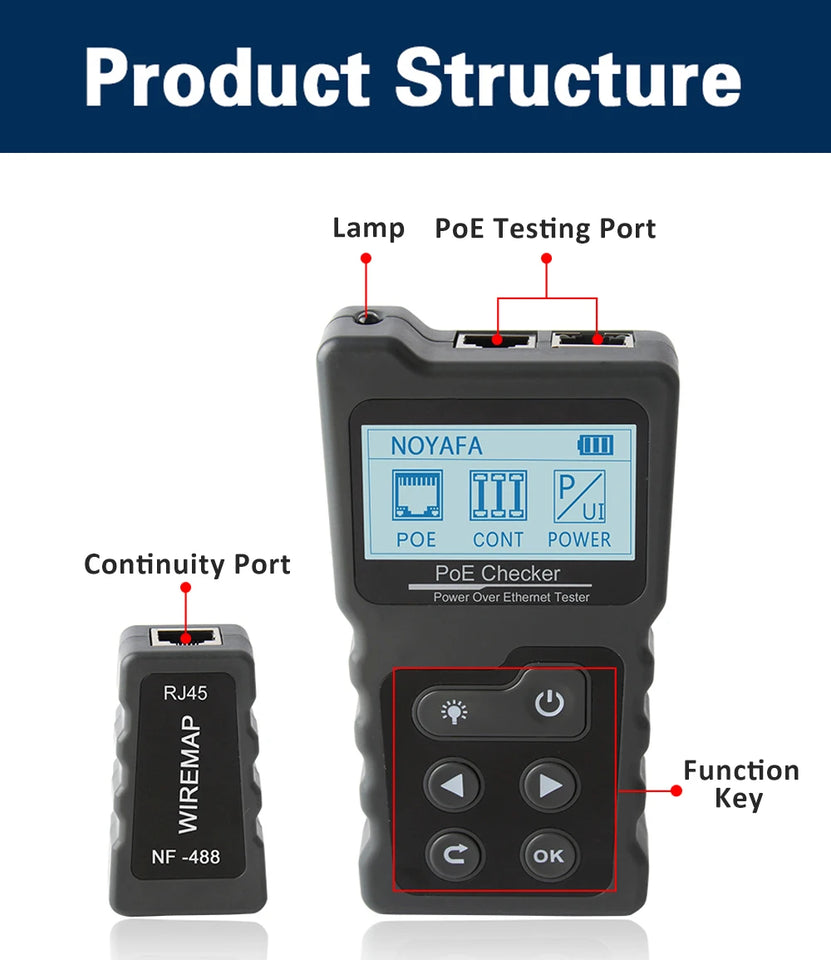 NOYAFA NF-488 Network Cable Tester PoE Switch Online Test PoE Voltage Polarity Cable Tracker Loop Test Tool with LCD Display
