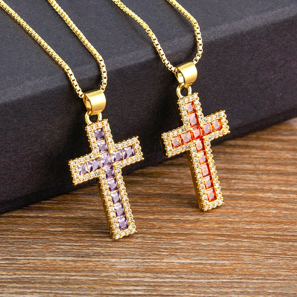 AIBEF New Arrivals Cross Crystal Pendant Necklace Copper Cubic Zircon Choker 6 Colors Choice Religion Jewelry Accessory Gift