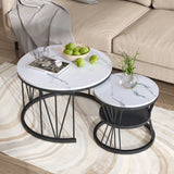 Superaly Marble-Effect Coffee Table Set of 2, Round Sofa Table with Metal Frame, Dining Table, Side Table for Living Room