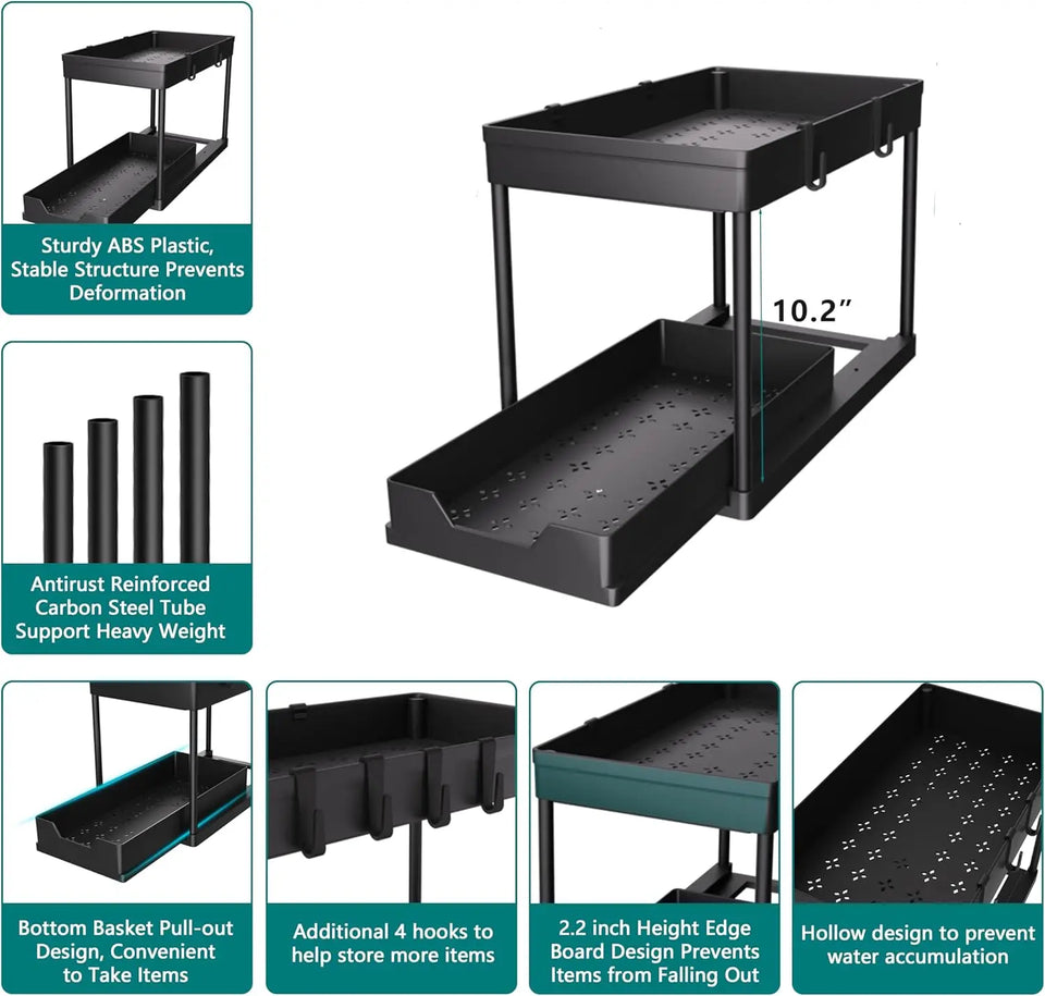 2 Pack Under Sink Organizer, 2 Tier Bathroom Cabinet Organizer with Sliding Basket, Multi-Purpose Under Sink Organizers and Stor