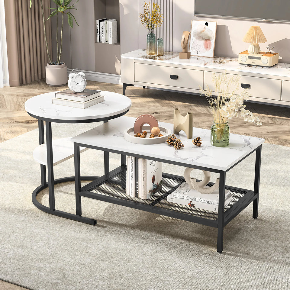 Urban Luxe coffee table with Adjustable Feet, Metal Surface Marble Slab side table living room Table Black