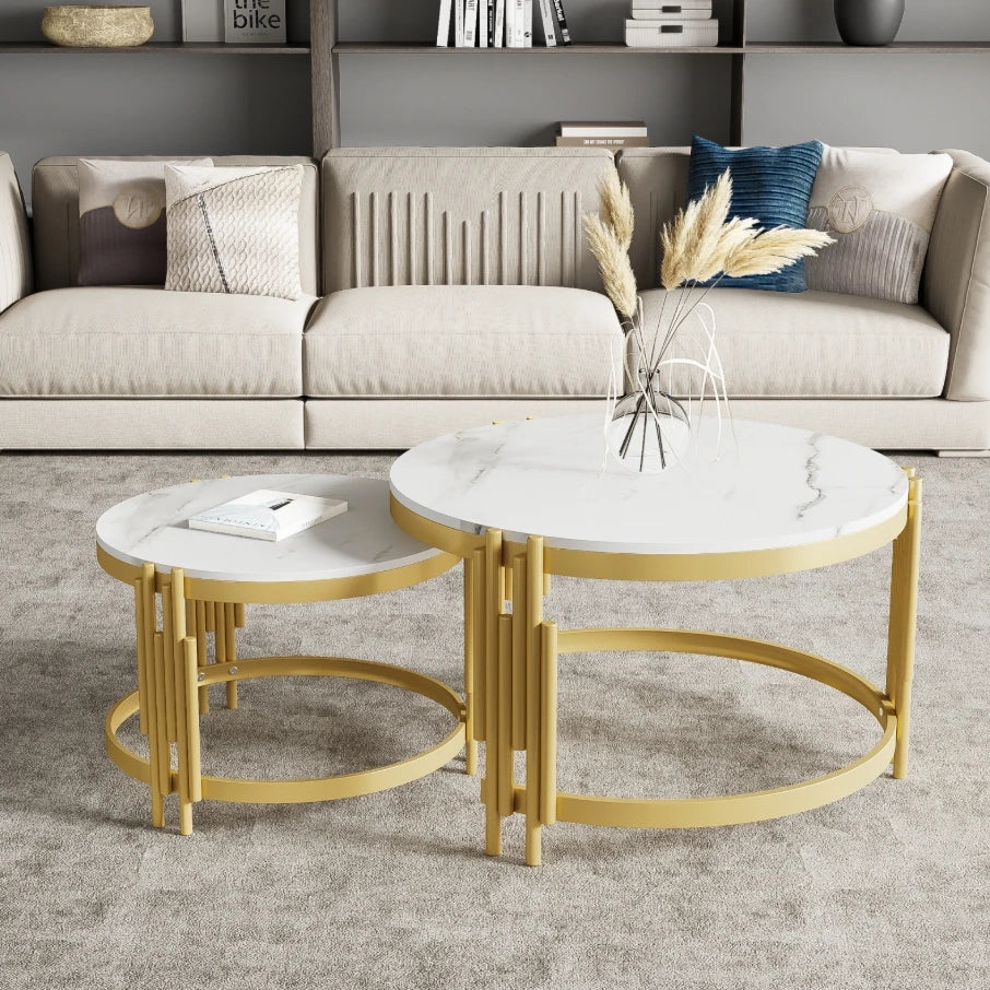 Comanlai Modular Coffee Table Set, Marble Look Round Tables, Modern Side Table, with Gold Metal Frame, for Living Room, Bedroom