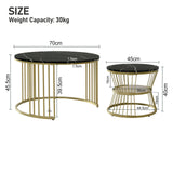 Superaly Marble-Effect Coffee Table Set of 2, Round Sofa Table with Metal Frame, Dining Table, Side Table for Living Room
