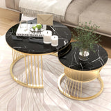 Superaly Marble-Effect Coffee Table Set of 2, Round Sofa Table with Metal Frame, Dining Table, Side Table for Living Room