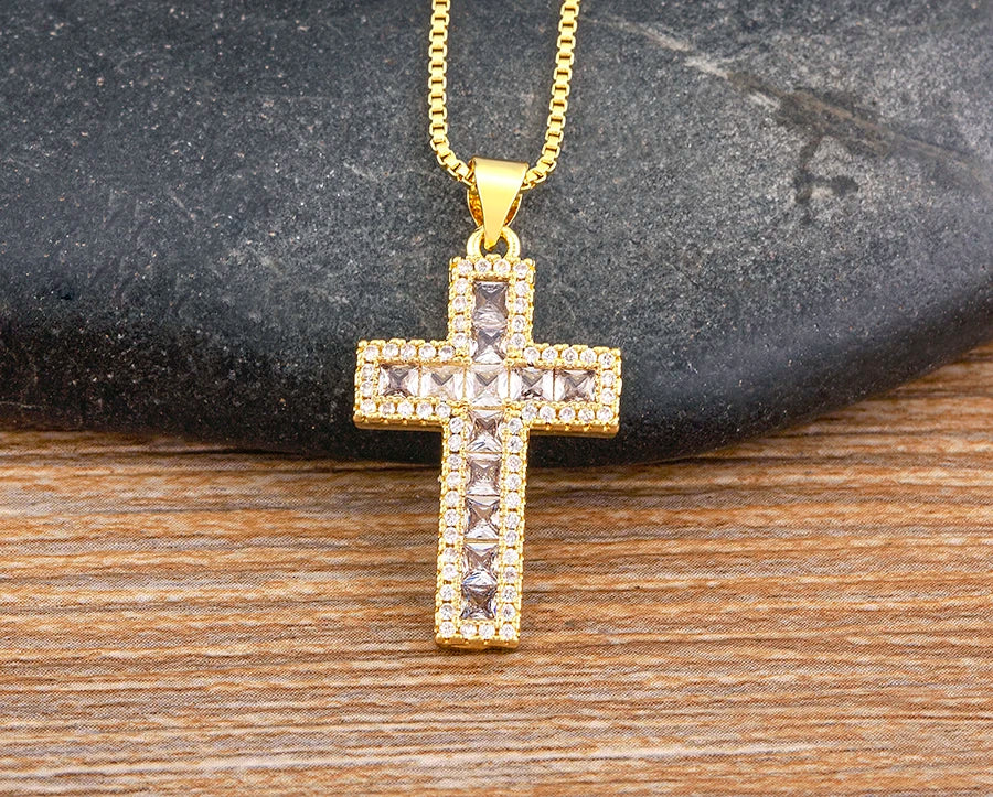 AIBEF New Arrivals Cross Crystal Pendant Necklace Copper Cubic Zircon Choker 6 Colors Choice Religion Jewelry Accessory Gift