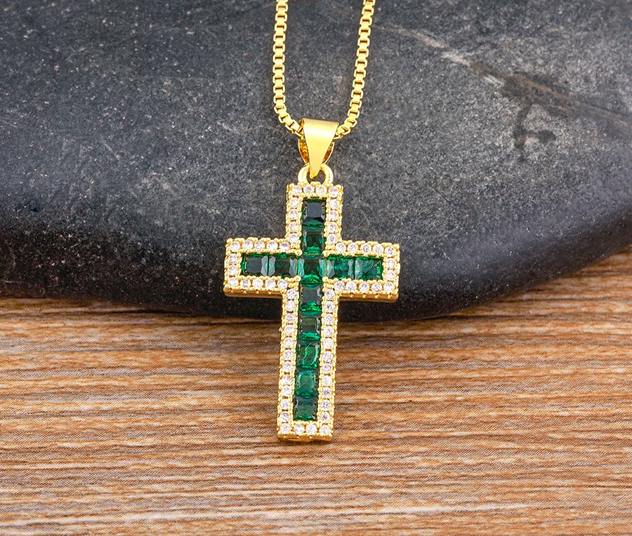 AIBEF New Arrivals Cross Crystal Pendant Necklace Copper Cubic Zircon Choker 6 Colors Choice Religion Jewelry Accessory Gift