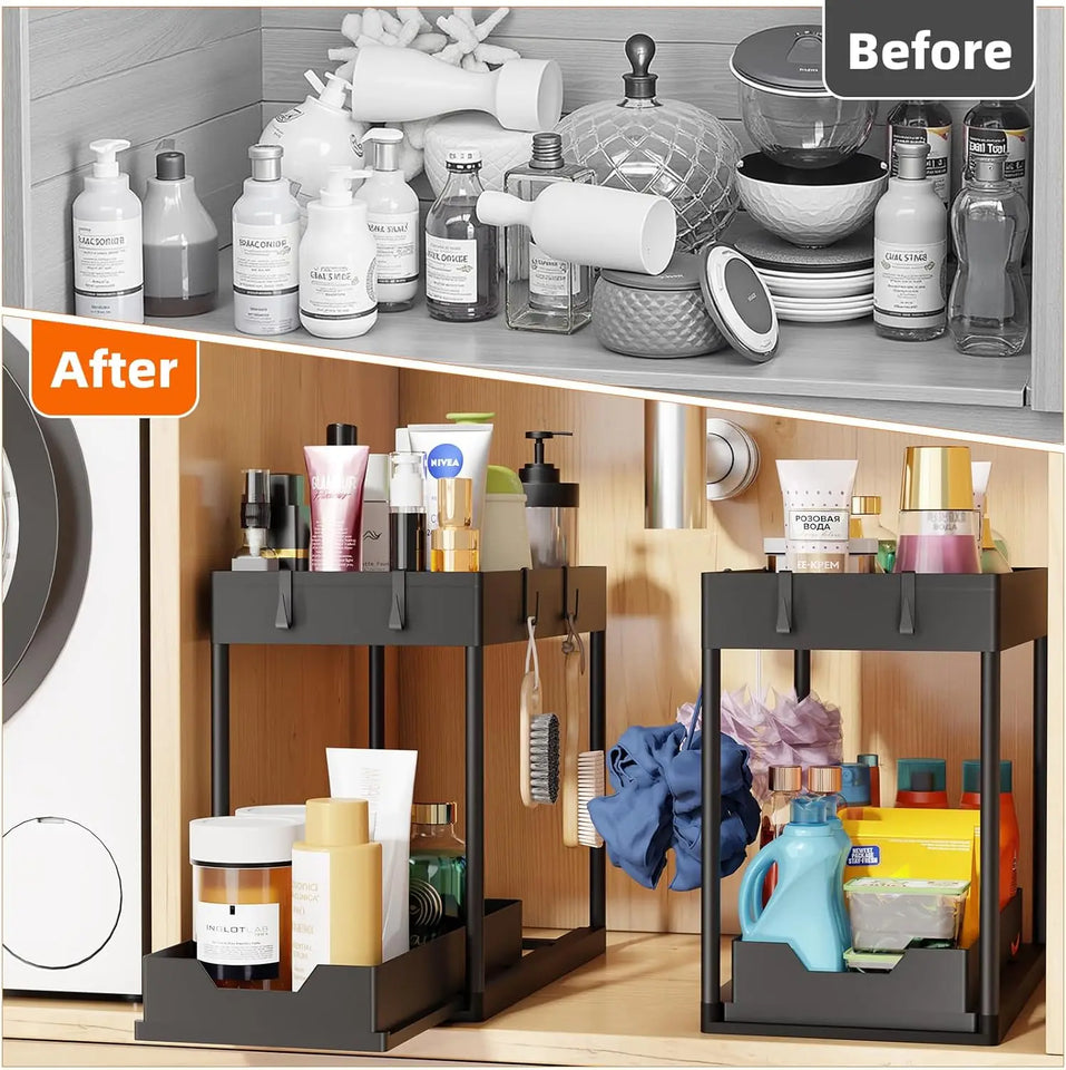 2 Pack Under Sink Organizer, 2 Tier Bathroom Cabinet Organizer with Sliding Basket, Multi-Purpose Under Sink Organizers and Stor
