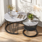 Superaly Marble-Effect Coffee Table Set of 2, Round Sofa Table with Metal Frame, Dining Table, Side Table for Living Room