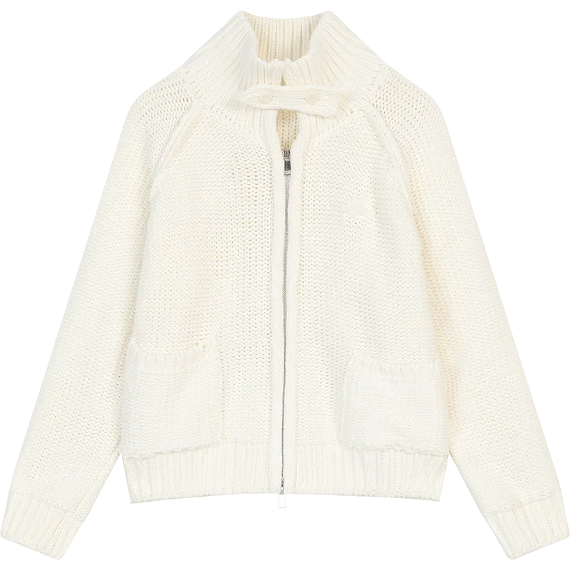 ELFSACK 2024 Winter New Arrivals Stand collar loose red knitting cardigan for women with zipper pockets threaded closure