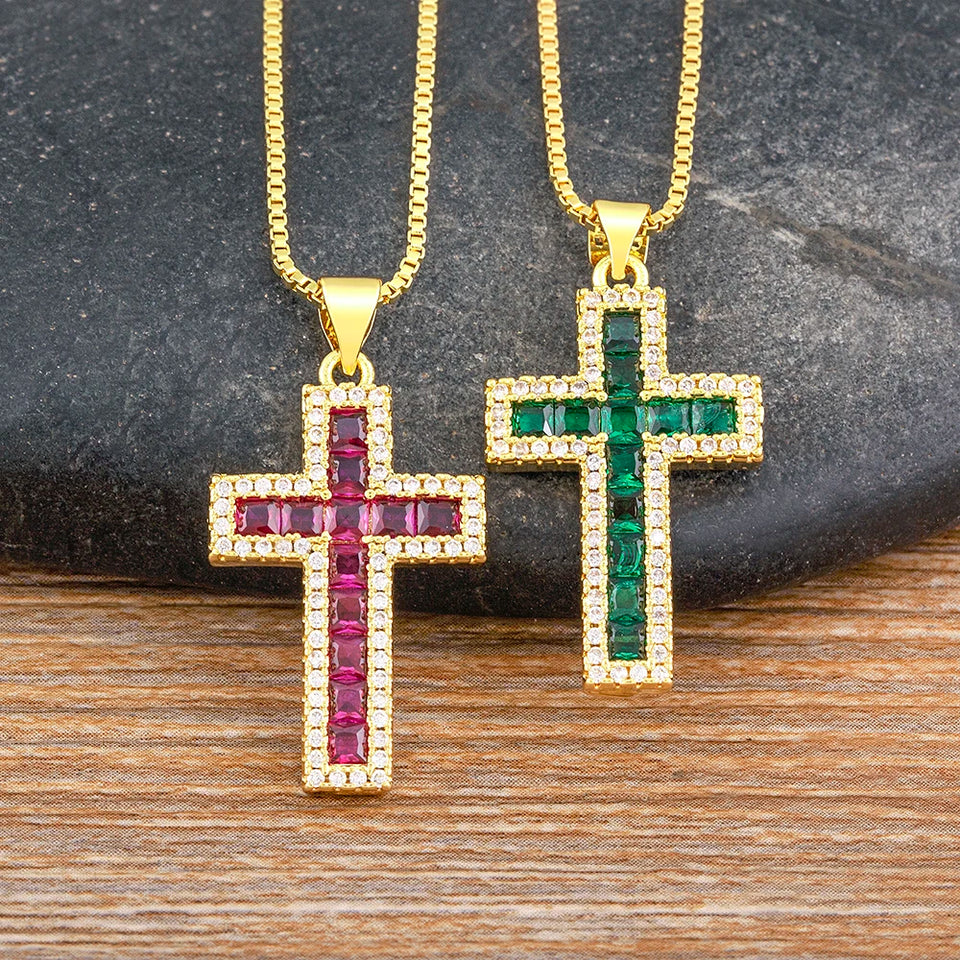 AIBEF New Arrivals Cross Crystal Pendant Necklace Copper Cubic Zircon Choker 6 Colors Choice Religion Jewelry Accessory Gift