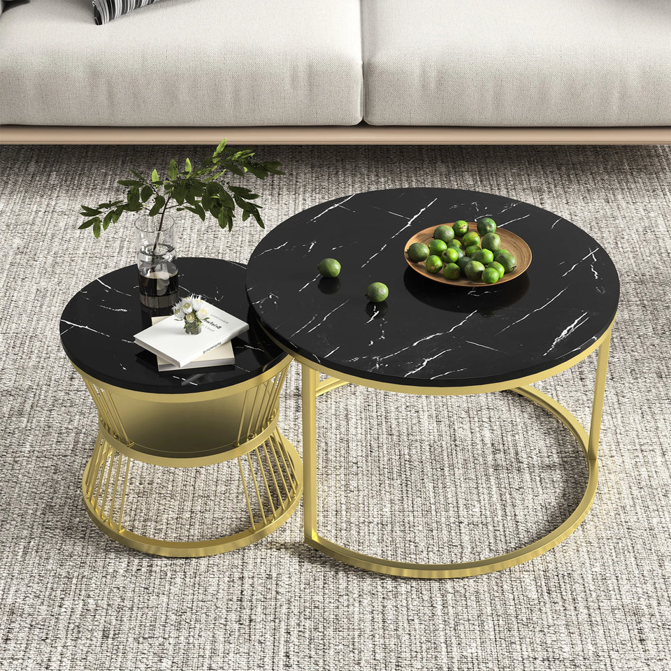 Superaly Marble-Effect Coffee Table Set of 2, Round Sofa Table with Metal Frame, Dining Table, Side Table for Living Room